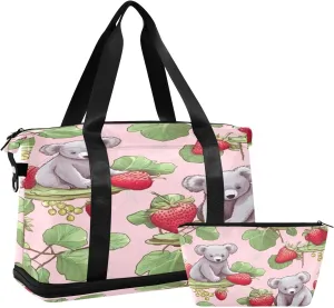Koalas Strawberries Sports Gym Bag with Waterproof Dry Wet Pocket, Travel Duffel Bag for Women MenWorkout Bag Fits Yoga, Swimming