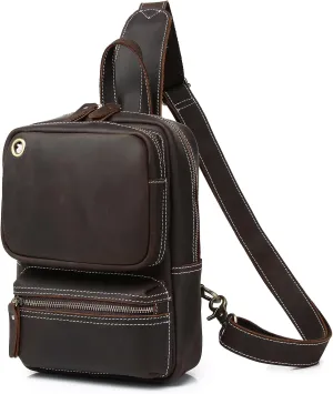 KPYWZER Crazy Horse Genuine Leather Sling Bag for Men Women Shoulder Backpack Satchel Crossbody Chest Casual Outdoor Daypack Deep Brown