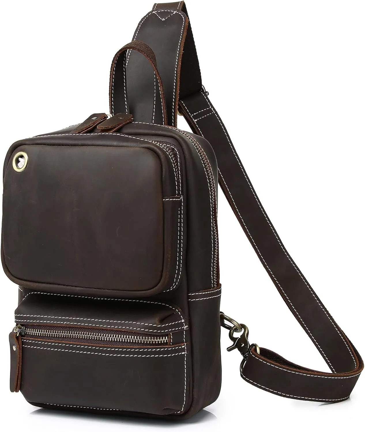 KPYWZER Crazy Horse Genuine Leather Sling Bag for Men Women Shoulder Backpack Satchel Crossbody Chest Casual Outdoor Daypack Deep Brown