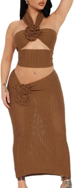 ksotutm 2 Piece Sets for Women Summer Flower Backless Knitted Crop Halter Top and Pencil Skirt
