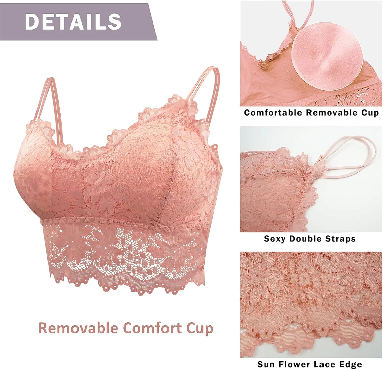 Lace Bandeau Bras with Strap Sunflower Wrapped Bralettes Deep V Neck Padded Sports Bra Bralette for Women Multipack