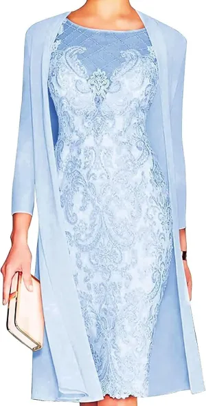 Lace Mother of The Bride Dress with Jacket for Wedding Knee Length Chiffon 3/4 Sleeve Formal Evening Party Gown for Women Sky Blue US24W