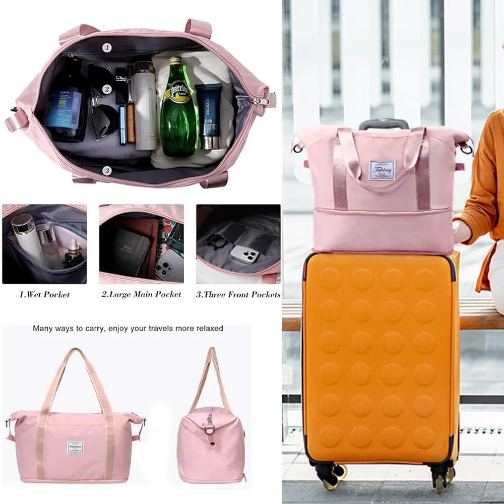 Large Capacity Folding Travel Duffel Bag, Tote Sports Gym Bag, Shoulder Overnight Weekender Bag for Women & Men, Hospital bag, Expandable Duffel Bag with Trolley Sleeve/Wet Pocket.