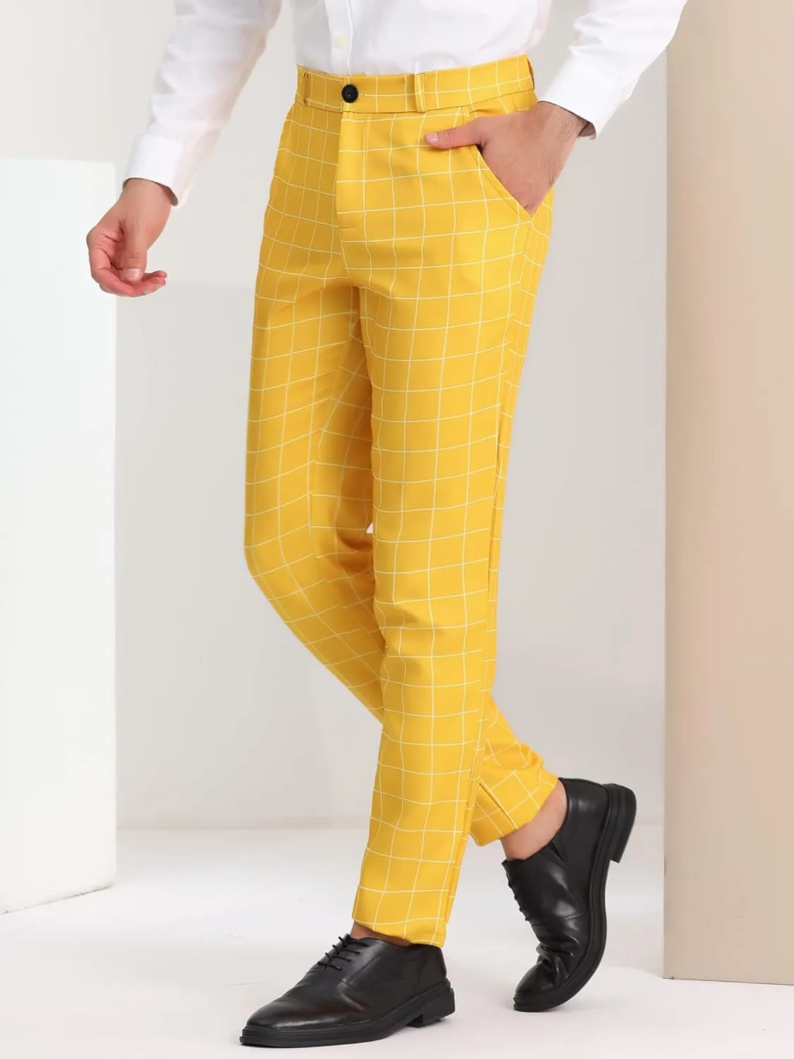 Lars Amadeus Men's Dress Plaid Pants Flat Front Printed Business Check Trousers