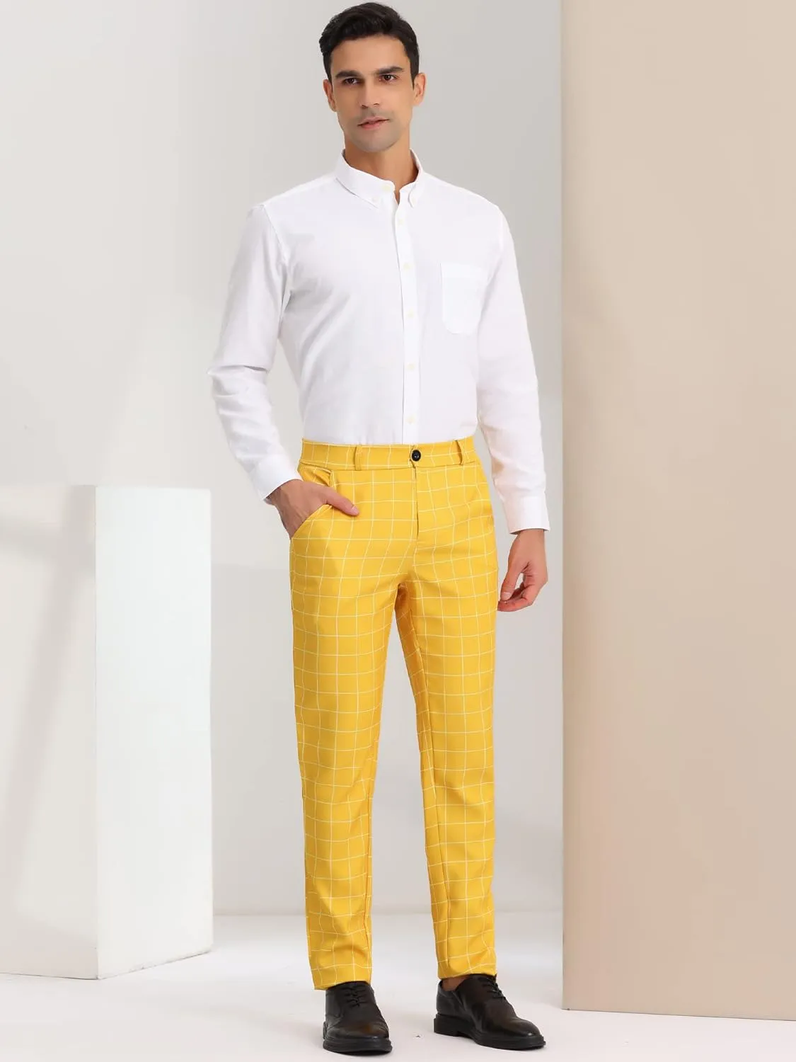 Lars Amadeus Men's Dress Plaid Pants Flat Front Printed Business Check Trousers