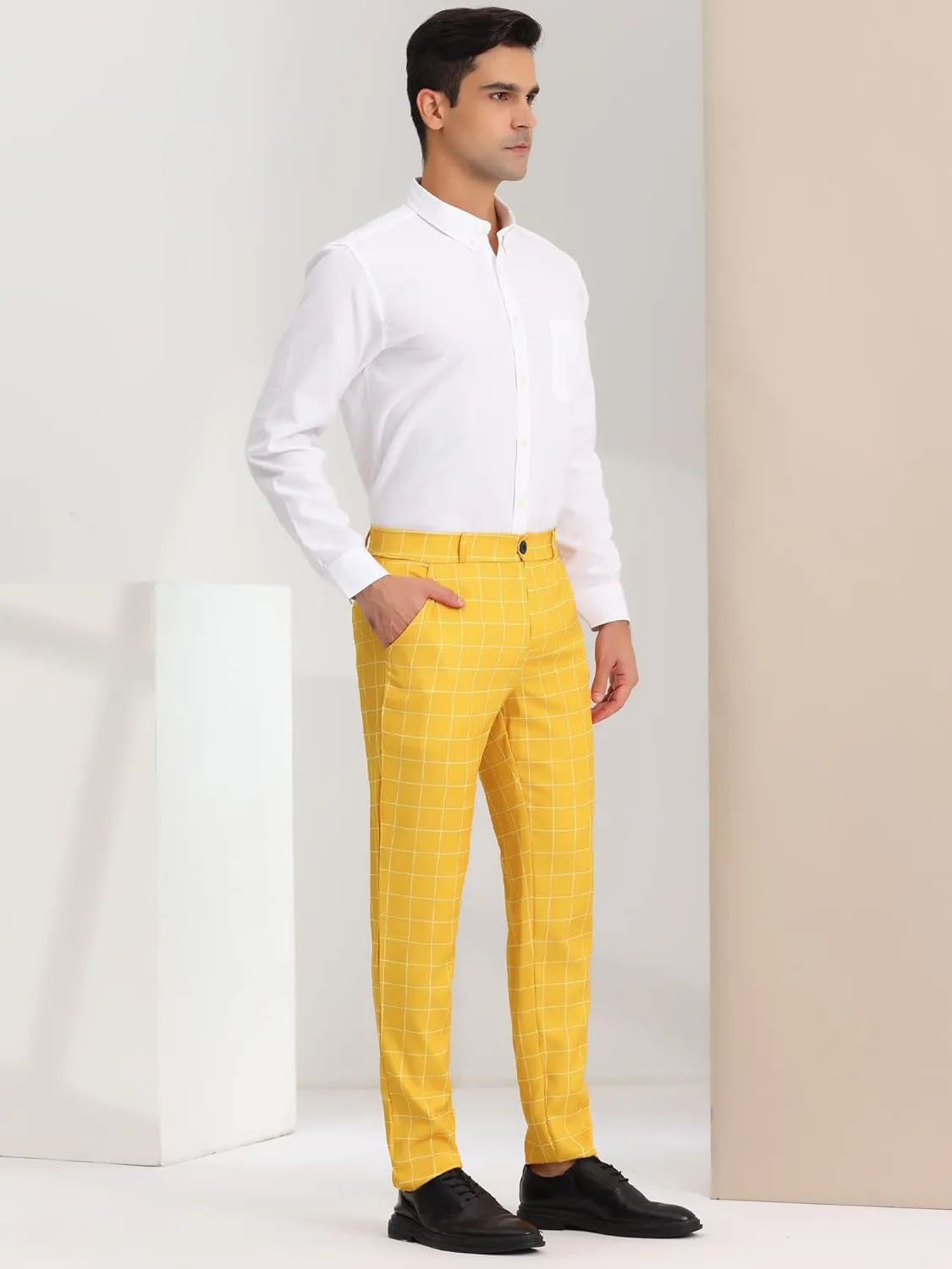 Lars Amadeus Men's Dress Plaid Pants Flat Front Printed Business Check Trousers