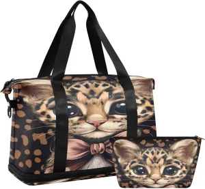 Leopard Cat with Bow Tie (3) Sports Gym Bag with Waterproof Dry Wet Pocket, Travel Duffel Bag for Women MenWorkout Bag Fits Yoga, Swimming