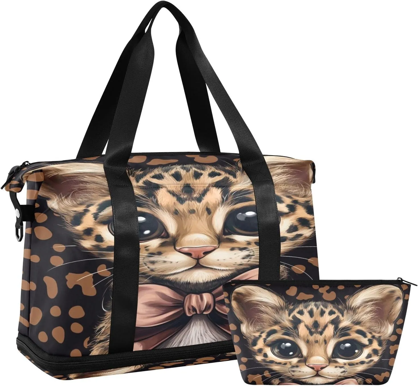 Leopard Cat with Bow Tie (3) Sports Gym Bag with Waterproof Dry Wet Pocket, Travel Duffel Bag for Women MenWorkout Bag Fits Yoga, Swimming