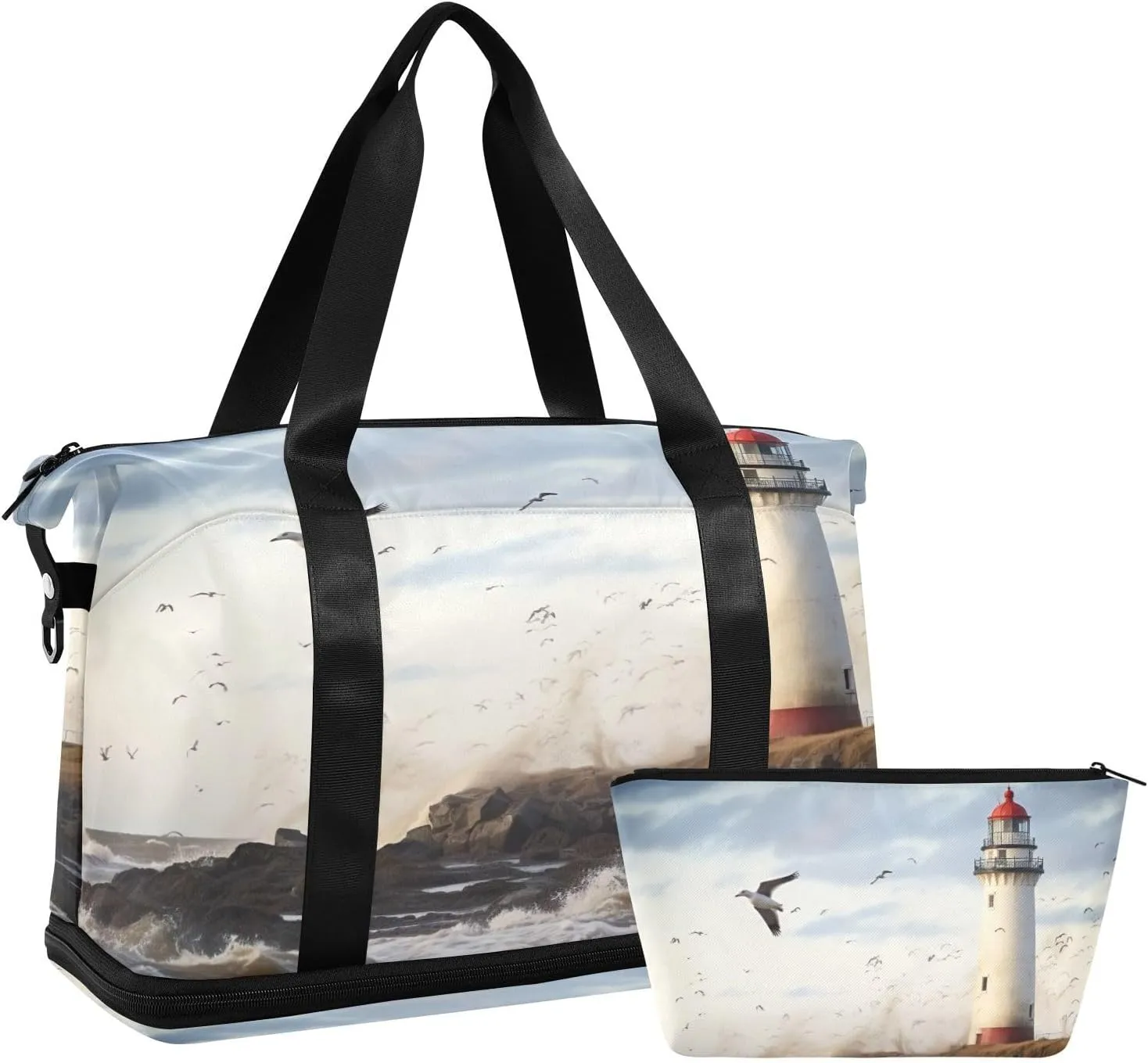 Lighthouse and Sea Mew Sports Gym Bag with Waterproof Dry Wet Pocket, Travel Duffel Bag for Women MenWorkout Bag Fits Yoga, Swimming