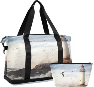 Lighthouse and Sea Mew Sports Gym Bag with Waterproof Dry Wet Pocket, Travel Duffel Bag for Women MenWorkout Bag Fits Yoga, Swimming