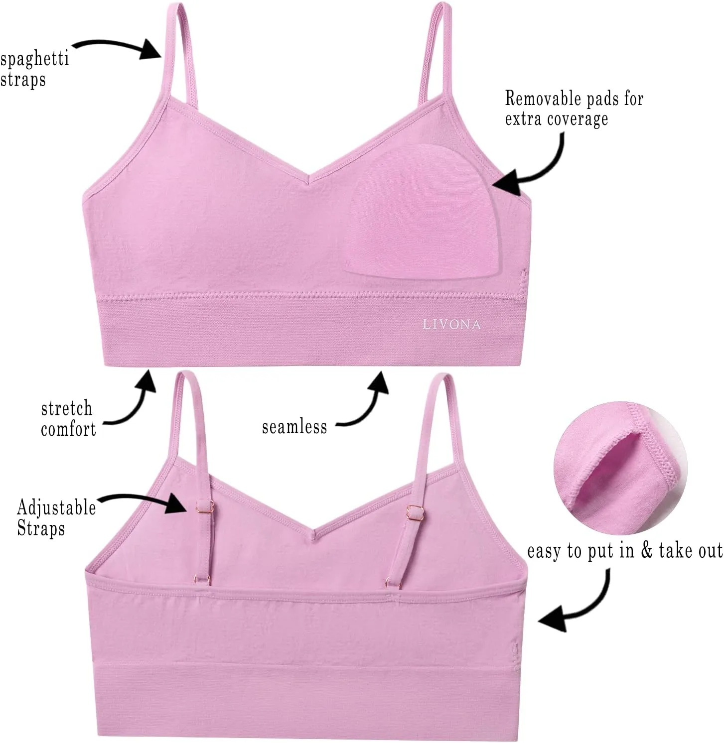 Livona 6 Pack Sports Bras for Girls - Padded, Crop Cami Tank Top (6-14)