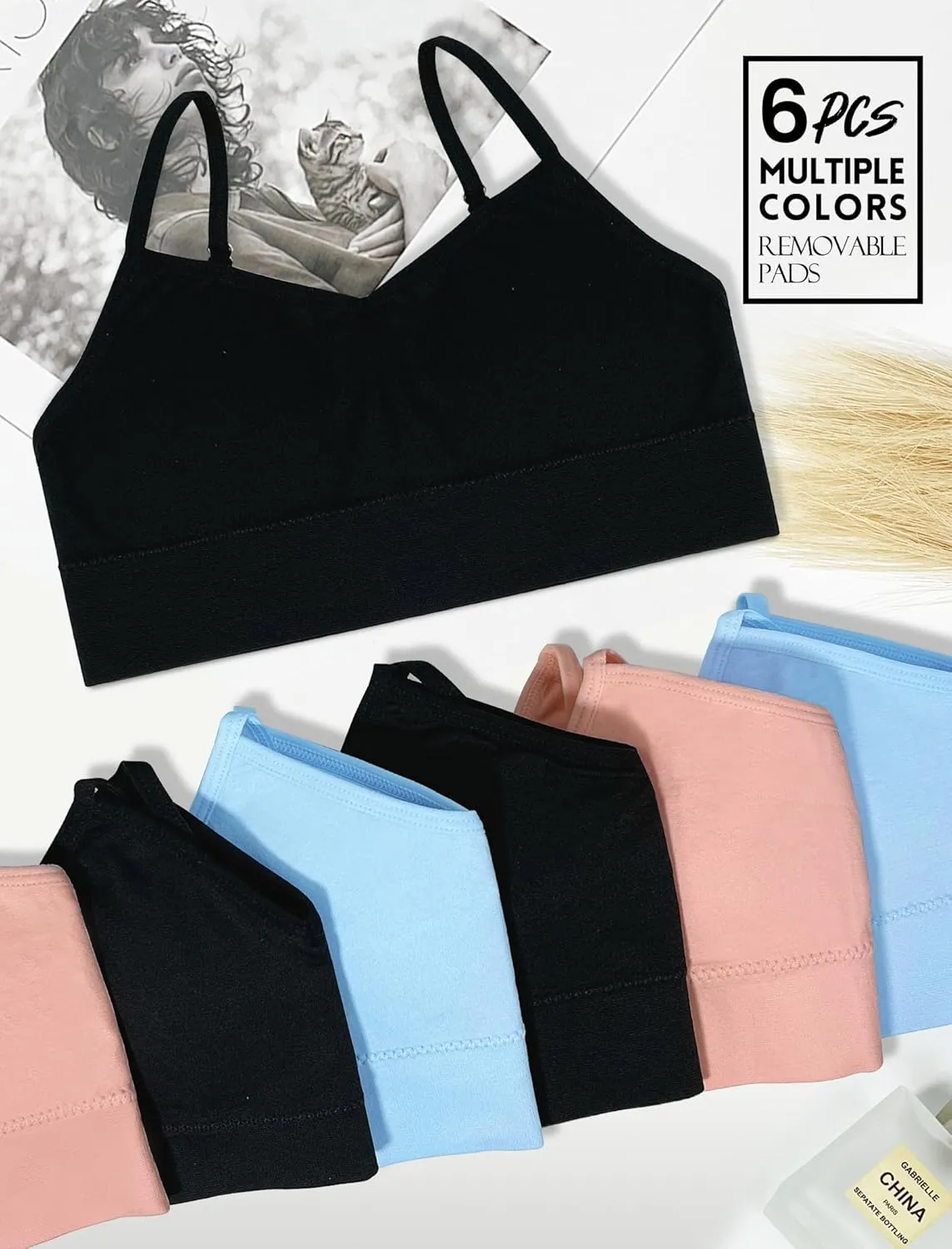 Livona 6 Pack Sports Bras for Girls - Padded, Crop Cami Tank Top (6-14)