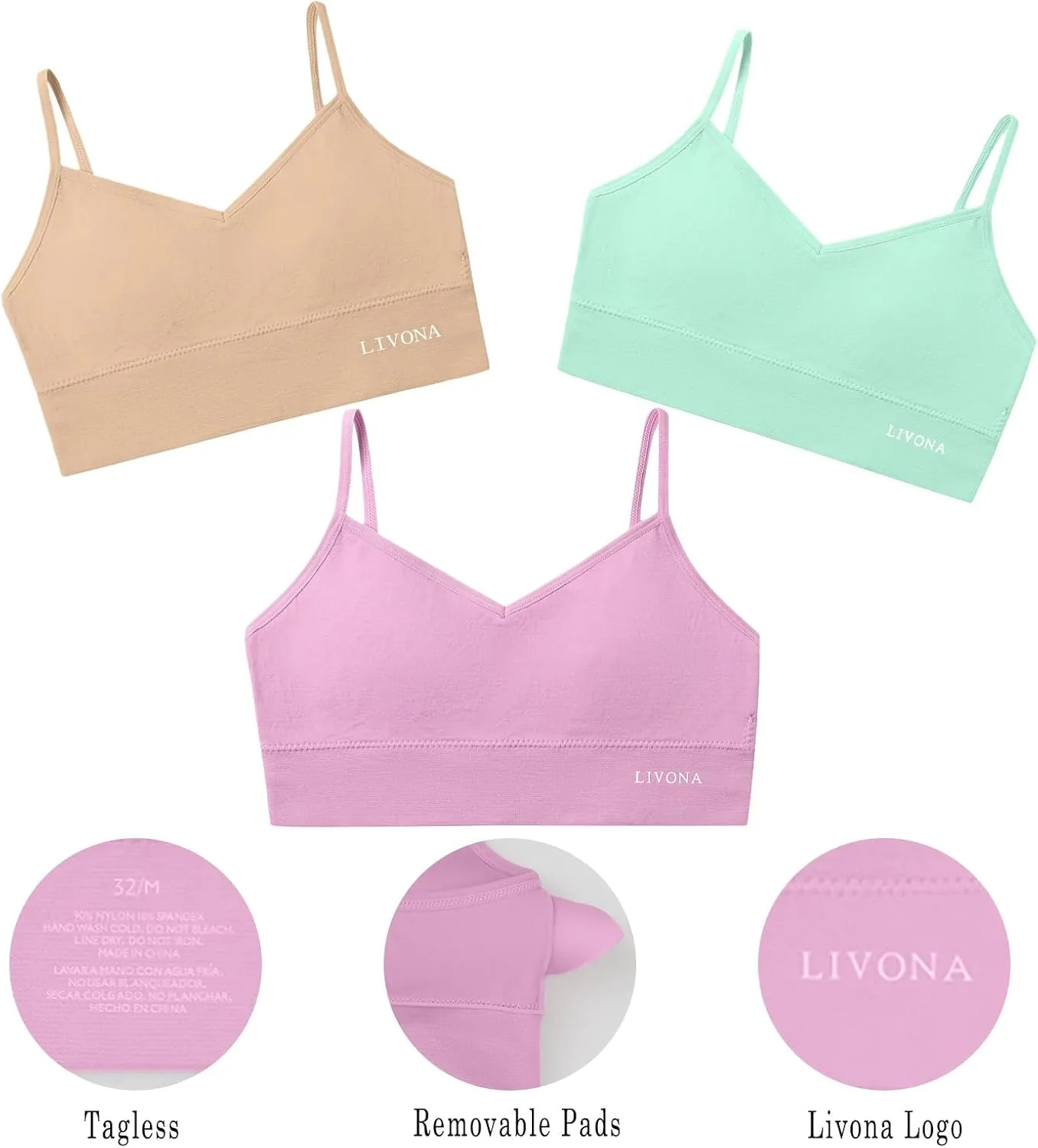 Livona 6 Pack Sports Bras for Girls - Padded, Crop Cami Tank Top (6-14)