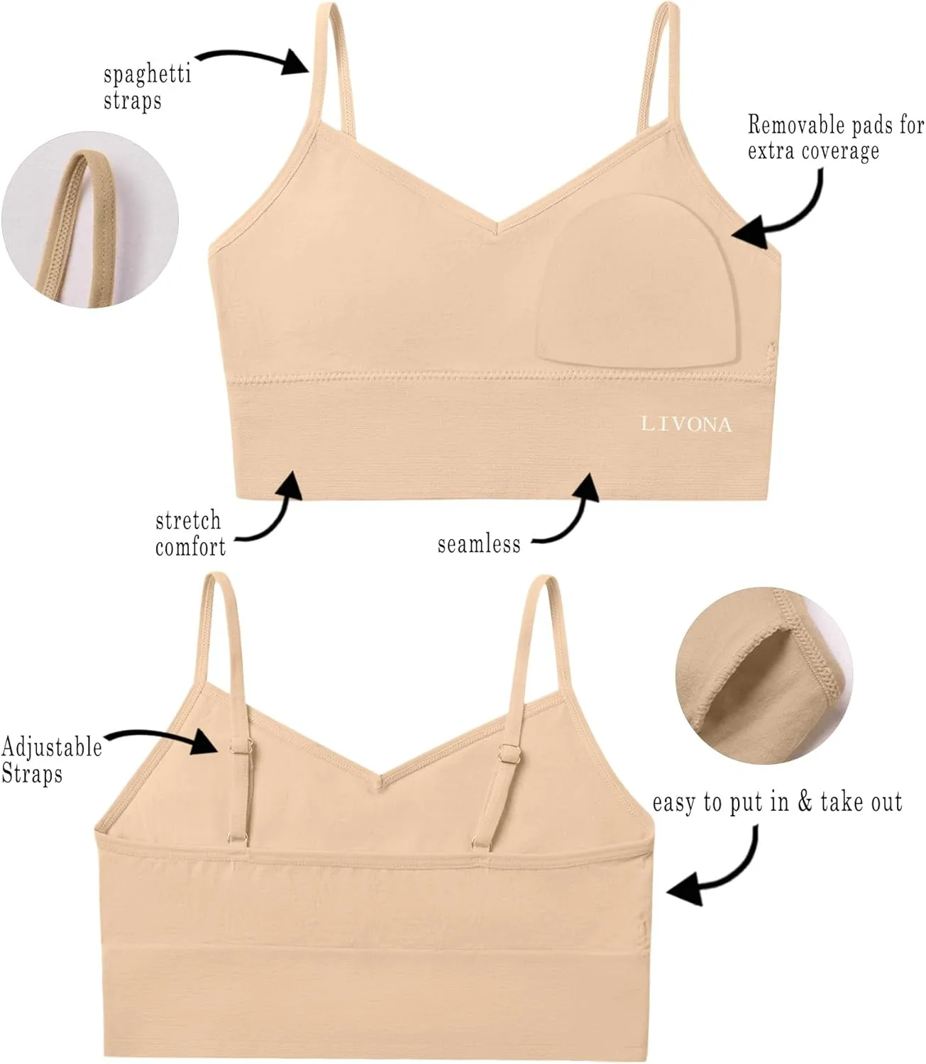 Livona 6 Pack Sports Bras for Girls - Padded, Crop Cami Tank Top (6-14)