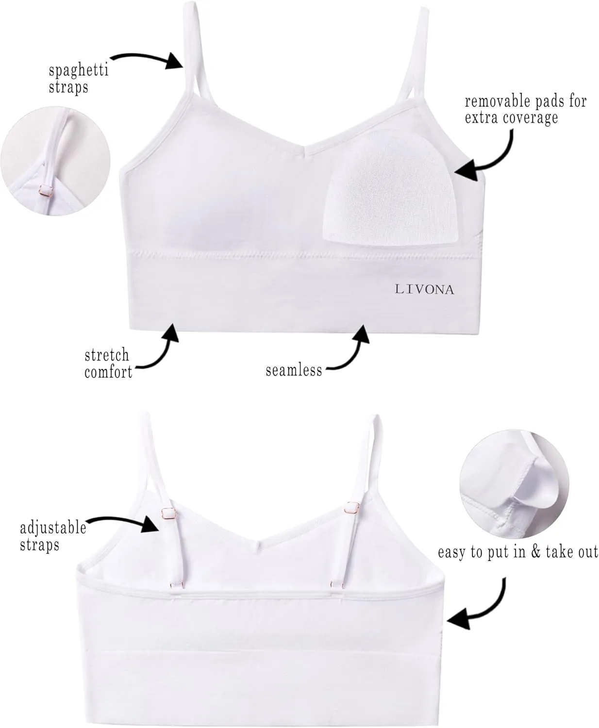 Livona 6 Pack Sports Bras for Girls - Padded, Crop Cami Tank Top (6-14)
