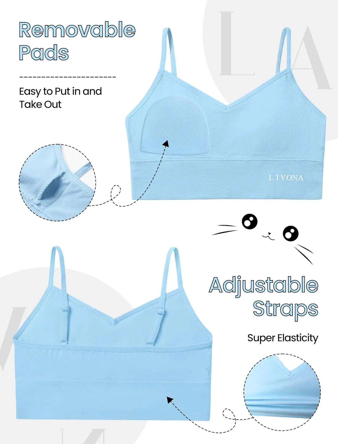 Livona 6 Pack Sports Bras for Girls - Padded, Crop Cami Tank Top (6-14)