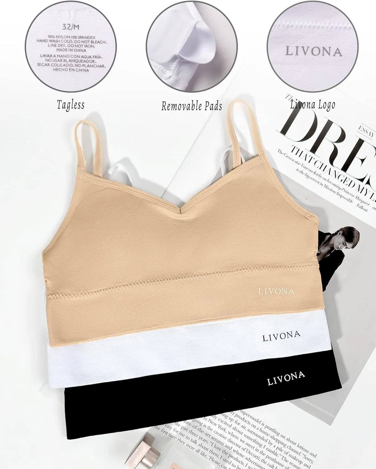 Livona 6 Pack Sports Bras for Girls - Padded, Crop Cami Tank Top (6-14)