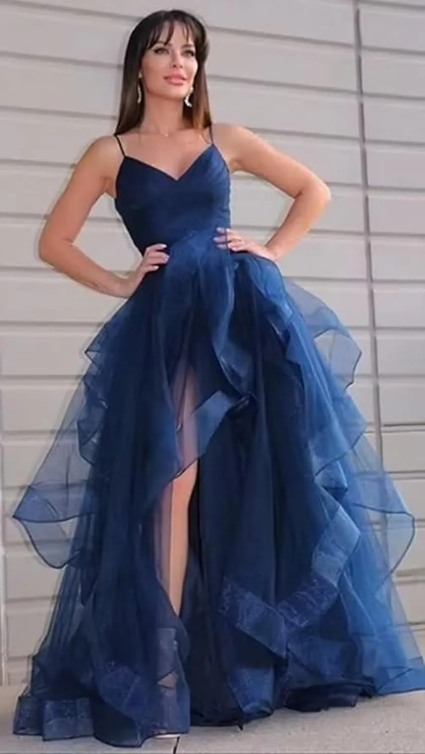 Long Tiered Tulle Prom Dresses with Split for Women V-Neck Glitter Formal Evening Ball Gown Spaghetti Straps c13
