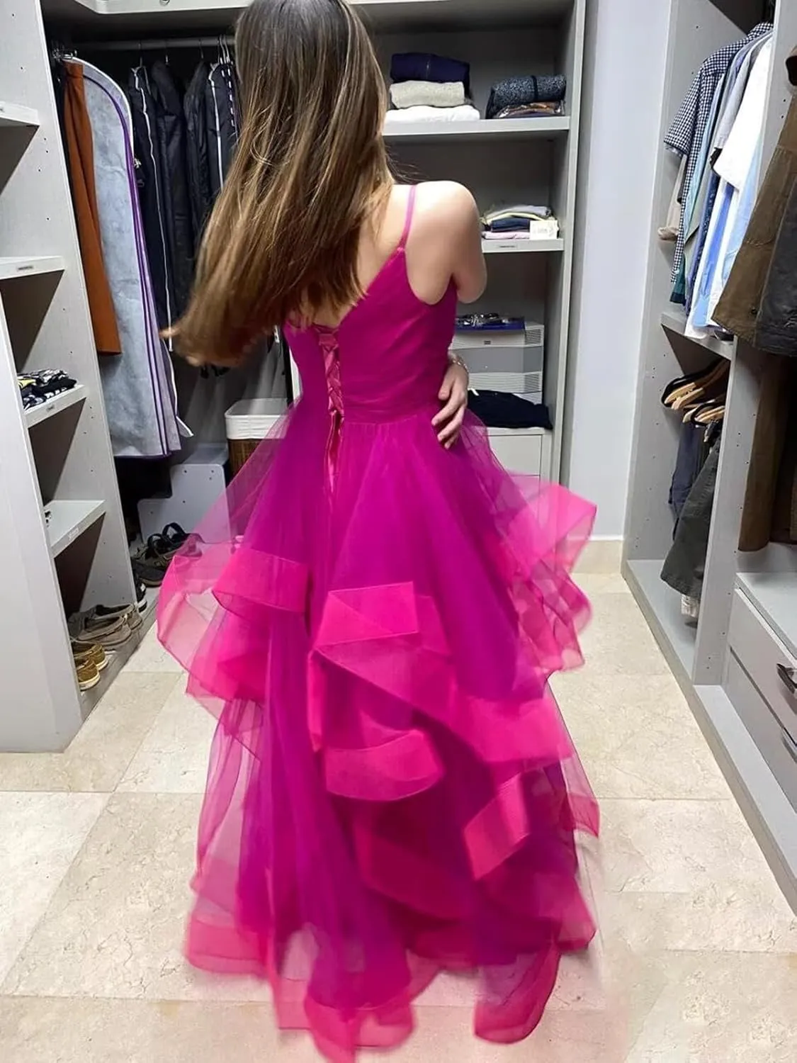 Long Tiered Tulle Prom Dresses with Split for Women V-Neck Glitter Formal Evening Ball Gown Spaghetti Straps c13