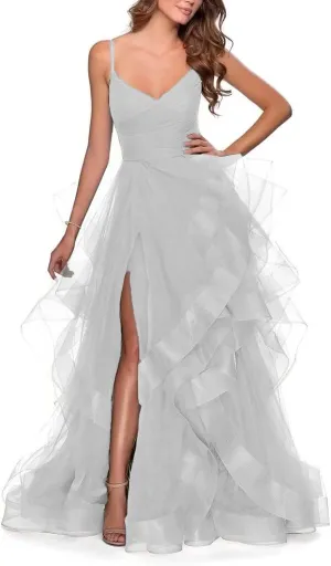 Long Tiered Tulle Prom Dresses with Split for Women V-Neck Glitter Formal Evening Ball Gown Spaghetti Straps c13
