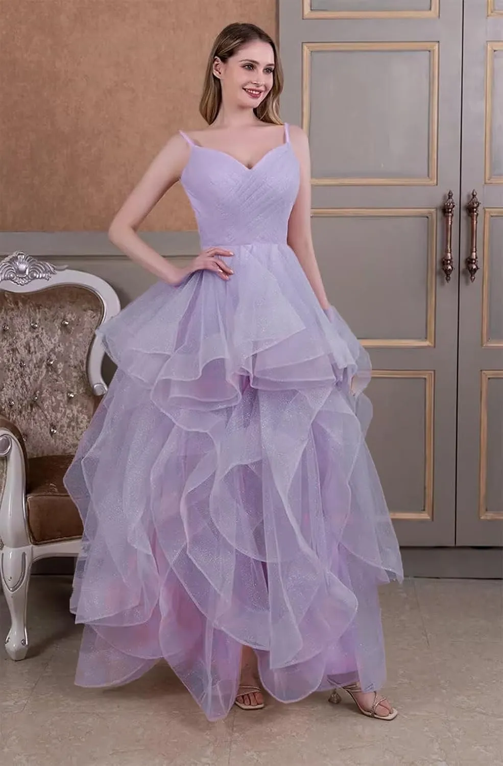 Long Tiered Tulle Prom Dresses with Split for Women V-Neck Glitter Formal Evening Ball Gown Spaghetti Straps c13