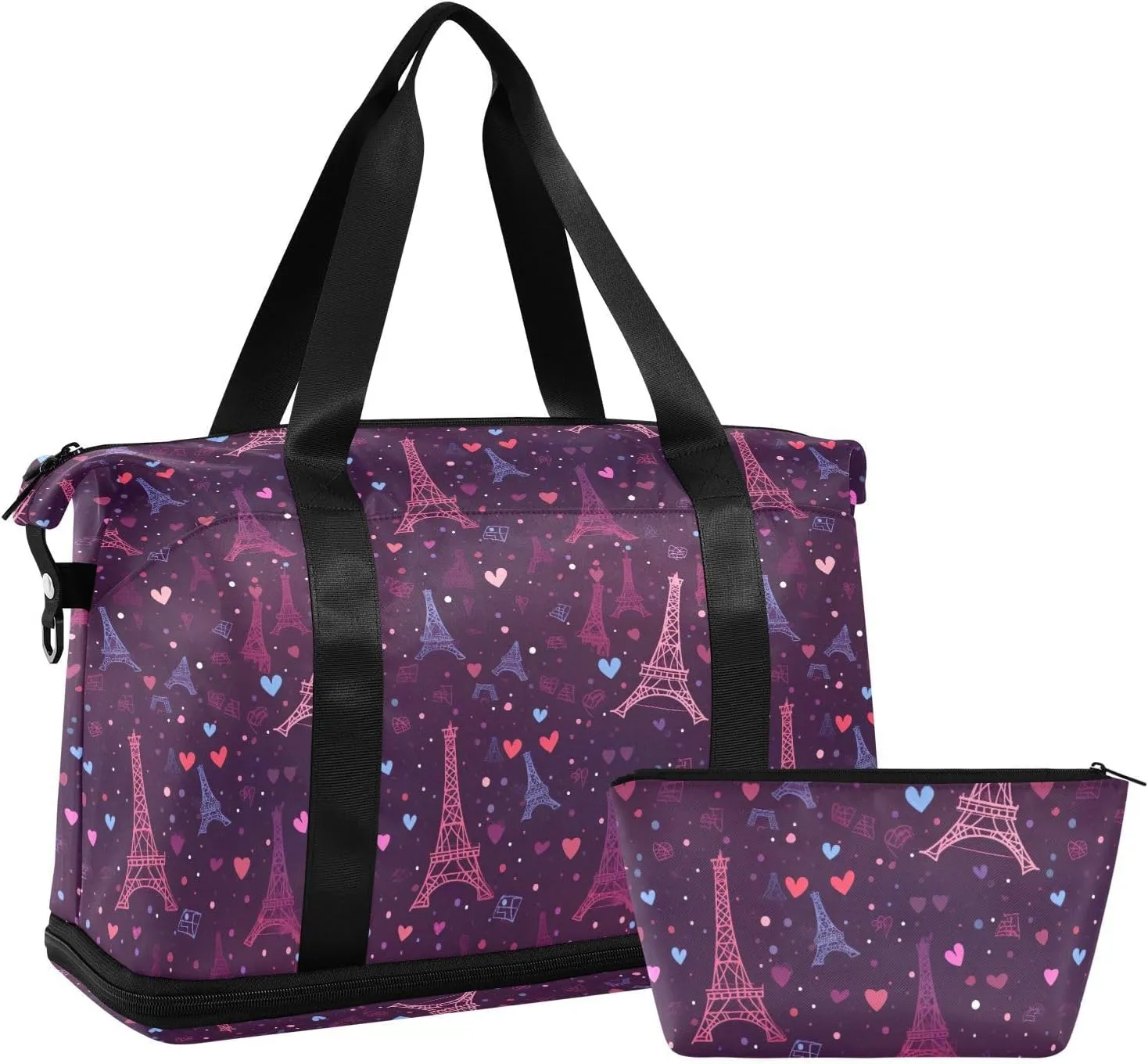 Love Eiffel Tower Sports Gym Bag with Waterproof Dry Wet Pocket, Travel Duffel Bag for Women MenWorkout Bag Fits Yoga, Swimming