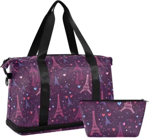 Love Eiffel Tower Sports Gym Bag with Waterproof Dry Wet Pocket, Travel Duffel Bag for Women MenWorkout Bag Fits Yoga, Swimming