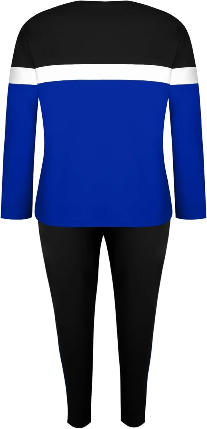LovelyWholesale Plus Size 2 Piece Outfits for Women Long Sleeve Tops and Pants Set Color Block Tracksuit