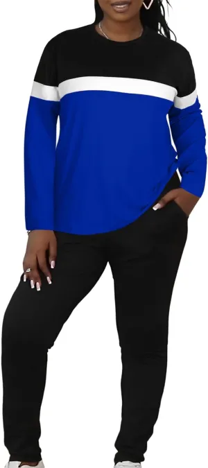 LovelyWholesale Plus Size 2 Piece Outfits for Women Long Sleeve Tops and Pants Set Color Block Tracksuit