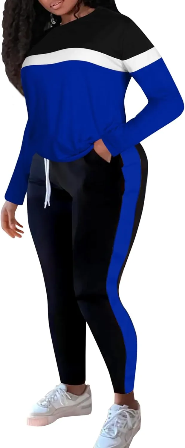 LovelyWholesale Plus Size 2 Piece Outfits for Women Long Sleeve Tops and Pants Set Color Block Tracksuit
