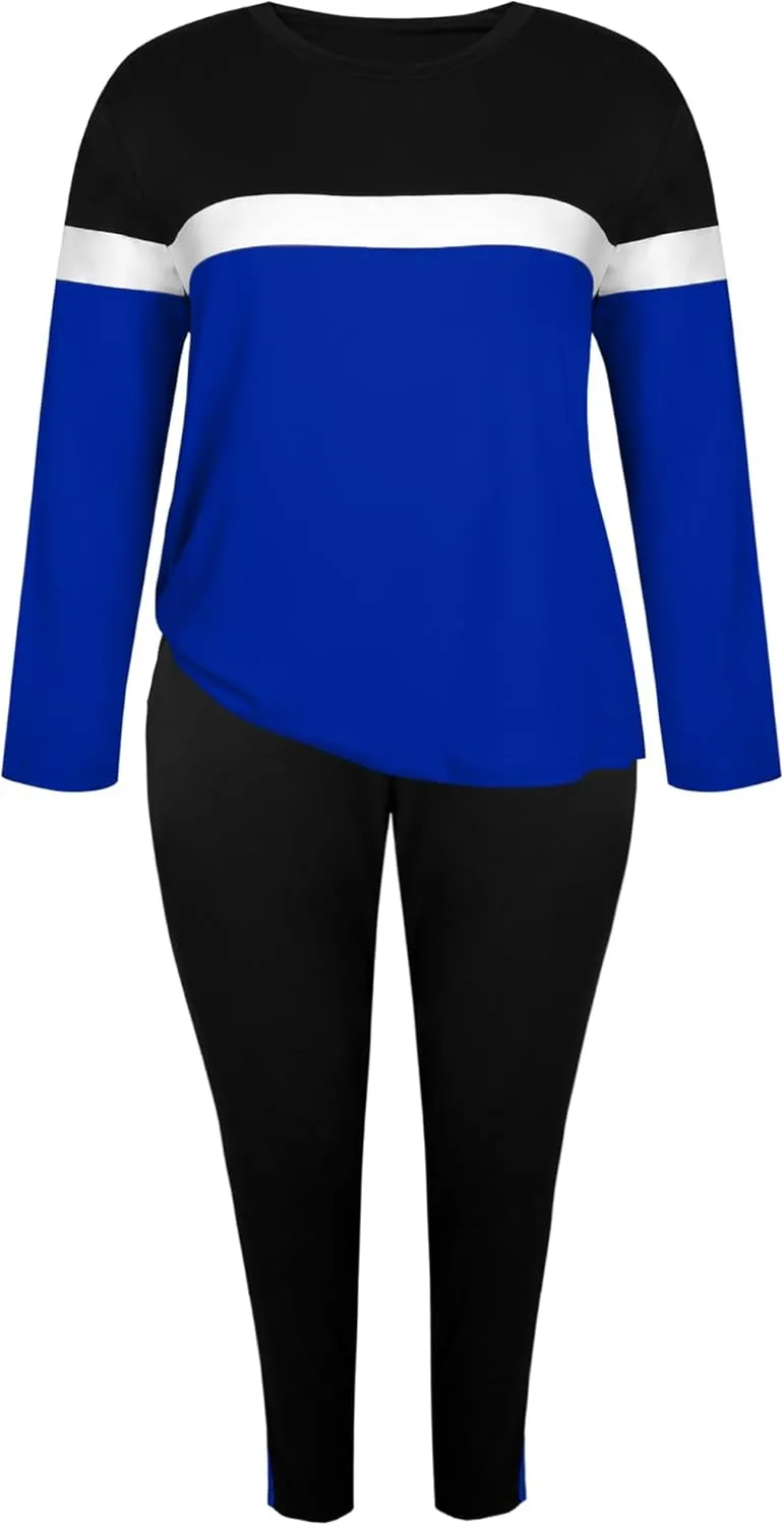 LovelyWholesale Plus Size 2 Piece Outfits for Women Long Sleeve Tops and Pants Set Color Block Tracksuit