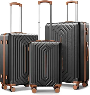 Luggage Sets 3 Piece Hardside Suitcase with Double Spinner Wheels Durable Lightweight Shell with Tsa Lock (20/24/28in) Black&Brown