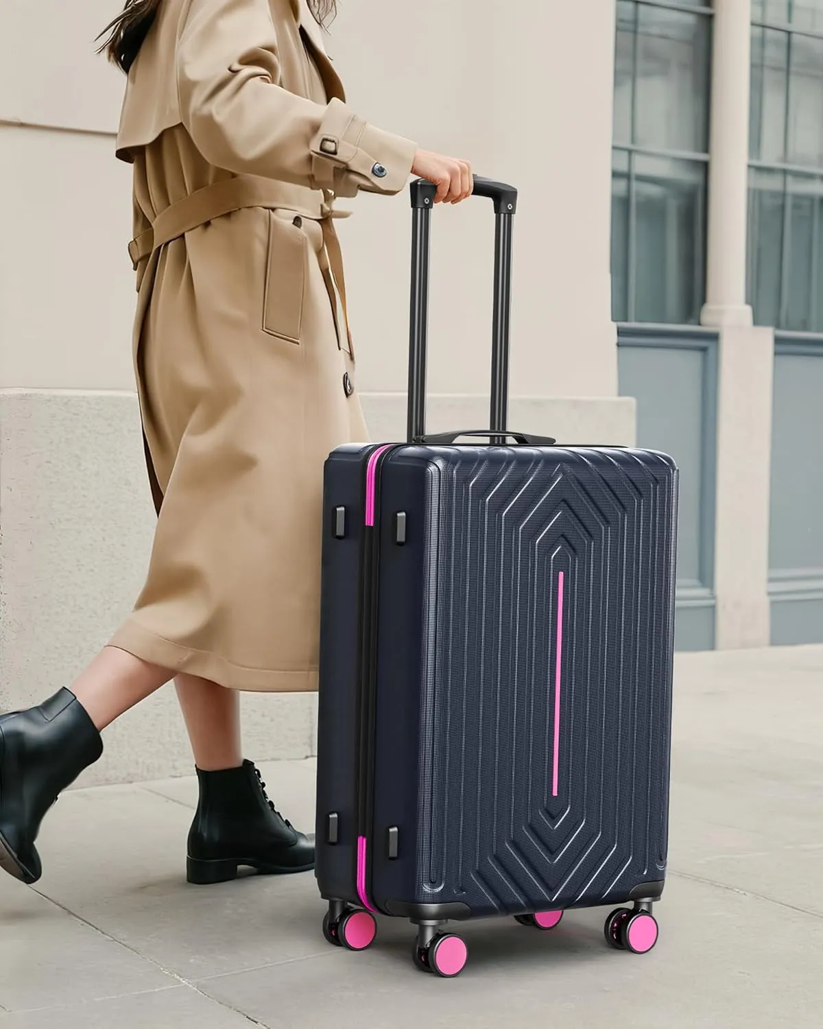 Luggage Sets 3 Piece Hardside Suitcase with Double Spinner Wheels Durable Lightweight Shell with Tsa Lock (20/24/28in) Rose Red With Dark Blue