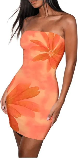 MakeMeChic Women's Floral Strapless Tube Dress Sleeveless Bodycon Y2k Mini Dresses