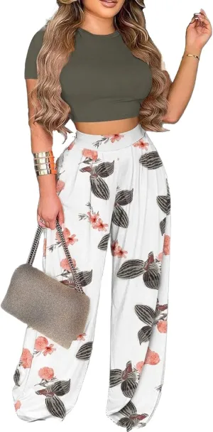 Mandonce 2 Piece Outfits for Women Crew Neck Short Sleeve Crop Tops Printed Wide Leg Long Pants Summer Matching Sets