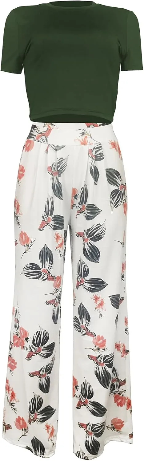 Mandonce 2 Piece Outfits for Women Crew Neck Short Sleeve Crop Tops Printed Wide Leg Long Pants Summer Matching Sets