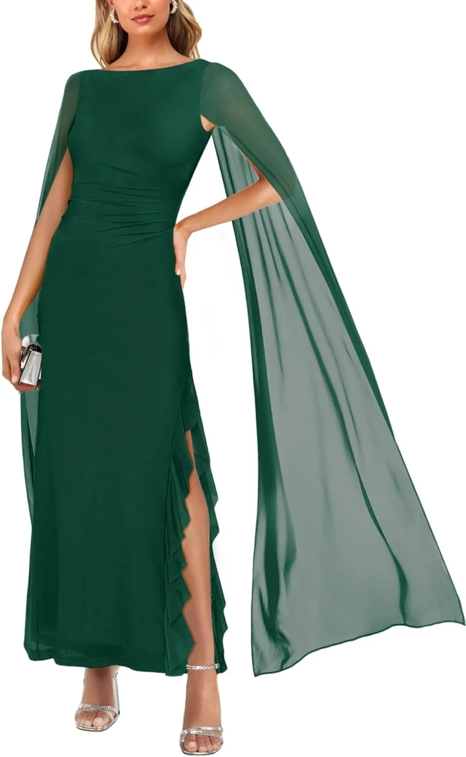 MAYFASEY Women's Sexy Elegant Long Sleeve High Split Mesh Ruched Formal Long Evening Party Maxi Dress with Cape