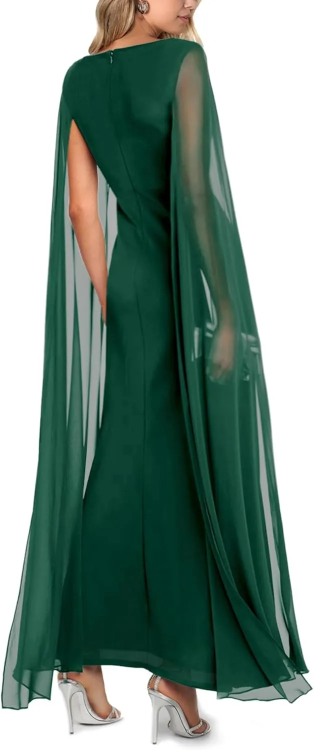 MAYFASEY Women's Sexy Elegant Long Sleeve High Split Mesh Ruched Formal Long Evening Party Maxi Dress with Cape