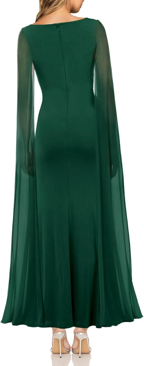 MAYFASEY Women's Sexy Elegant Long Sleeve High Split Mesh Ruched Formal Long Evening Party Maxi Dress with Cape