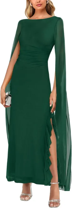 MAYFASEY Women's Sexy Elegant Long Sleeve High Split Mesh Ruched Formal Long Evening Party Maxi Dress with Cape