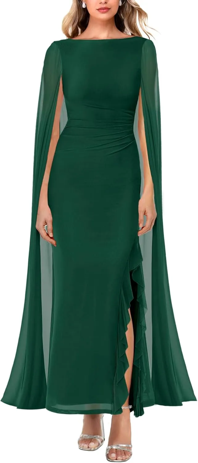 MAYFASEY Women's Sexy Elegant Long Sleeve High Split Mesh Ruched Formal Long Evening Party Maxi Dress with Cape