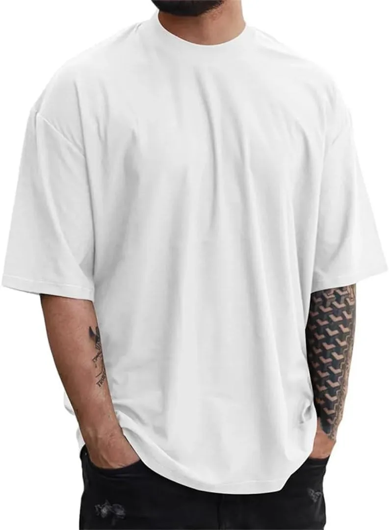 Men Cotton Heavyweight Small Neck T-Shirts Solid Color Male Short-Sleeved TOP