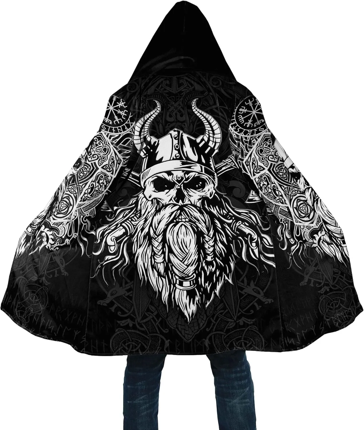 Men Viking Mid-Length Hooded Coat, 3D Printed Nordic Mythology Tattoo Autumn Winter Warmth Cosplay Cloak Jacket