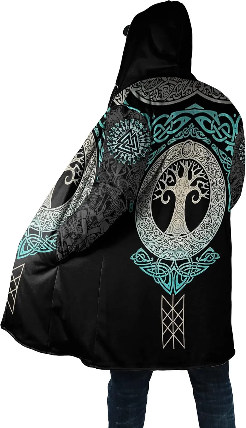 Men Viking Mid-Length Hooded Coat, 3D Printed Nordic Mythology Tattoo Autumn Winter Warmth Cosplay Cloak Jacket