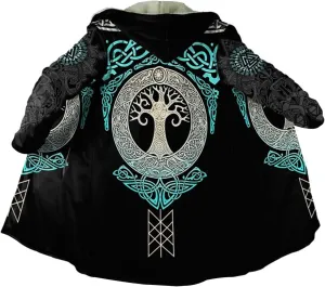 Men Viking Mid-Length Hooded Coat, 3D Printed Nordic Mythology Tattoo Autumn Winter Warmth Cosplay Cloak Jacket