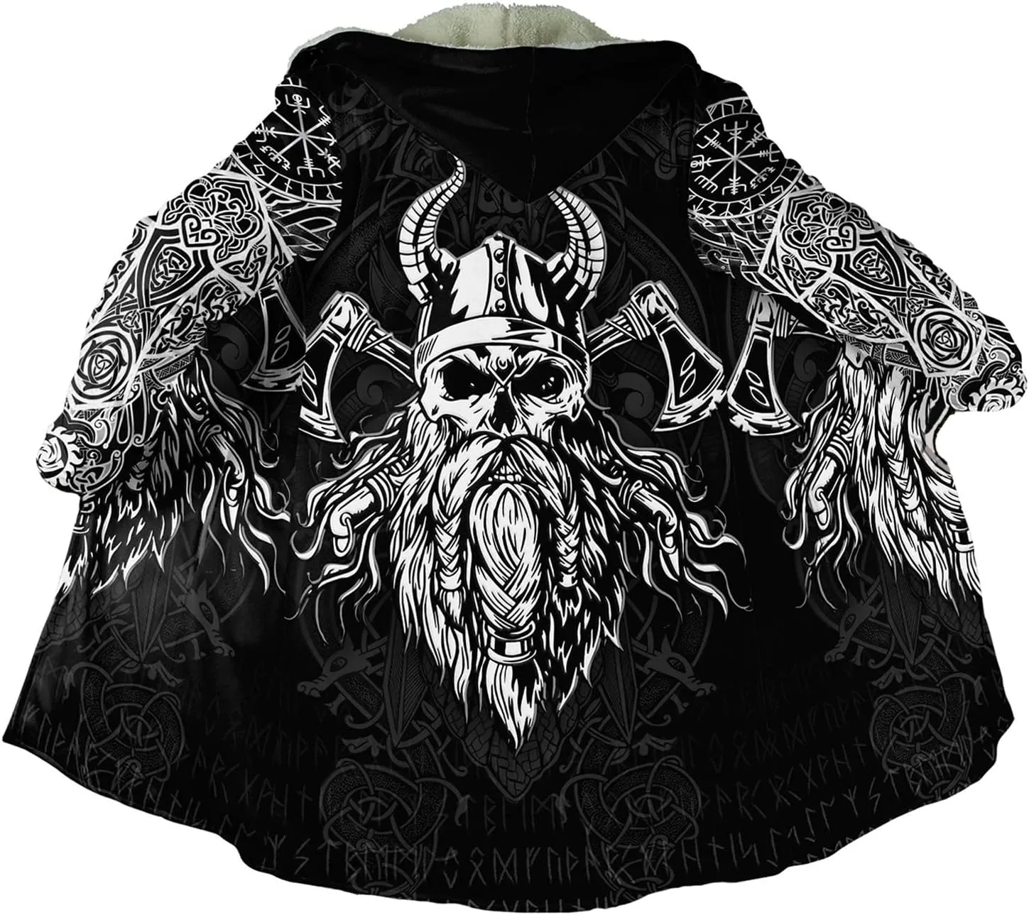 Men Viking Mid-Length Hooded Coat, 3D Printed Nordic Mythology Tattoo Autumn Winter Warmth Cosplay Cloak Jacket