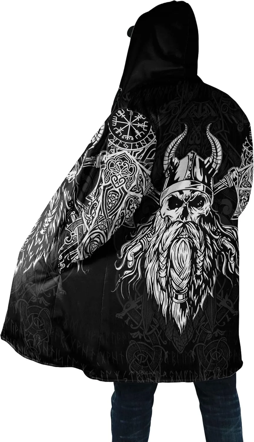 Men Viking Mid-Length Hooded Coat, 3D Printed Nordic Mythology Tattoo Autumn Winter Warmth Cosplay Cloak Jacket