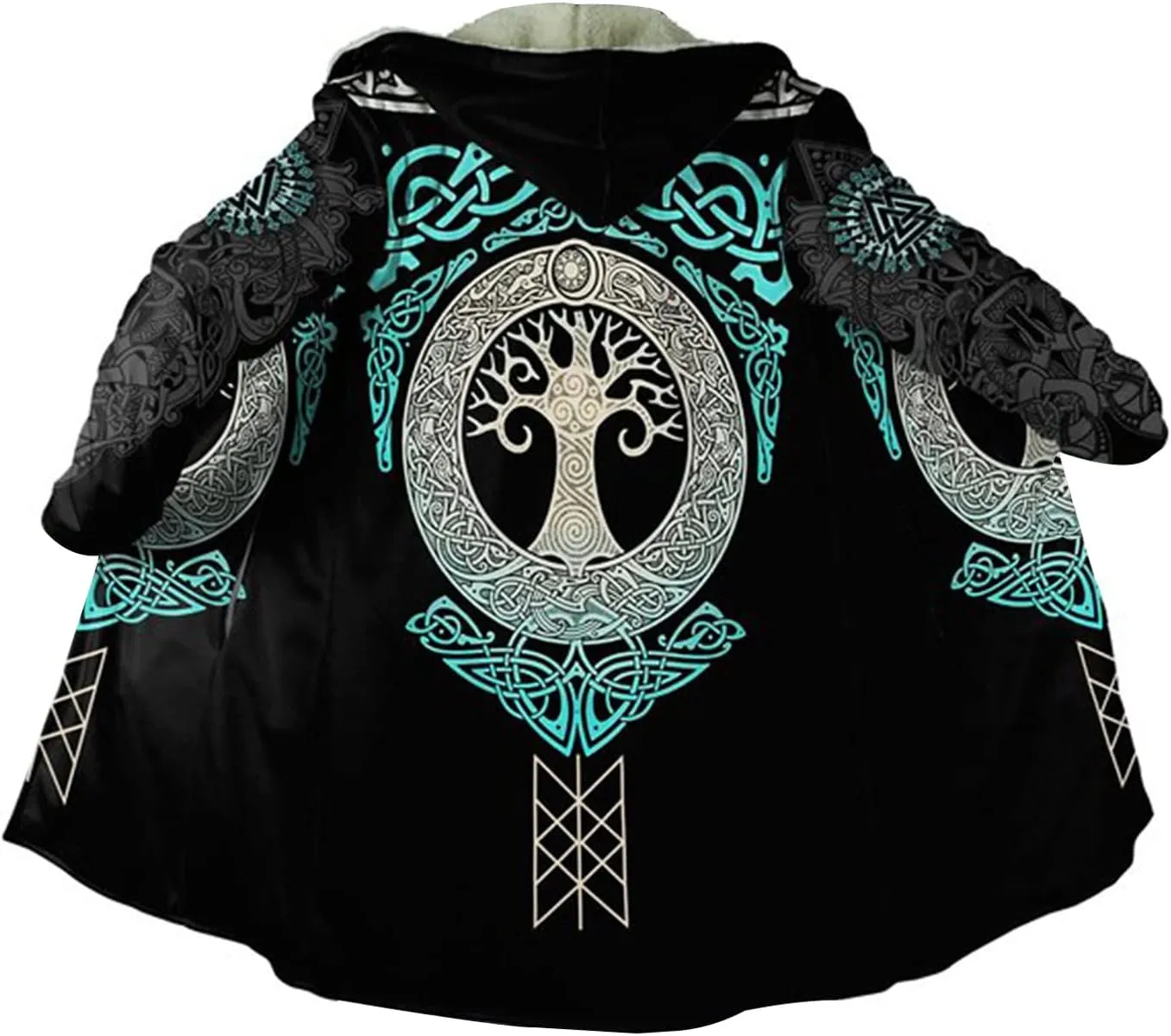 Men Viking Mid-Length Hooded Coat, 3D Printed Nordic Mythology Tattoo Autumn Winter Warmth Cosplay Cloak Jacket