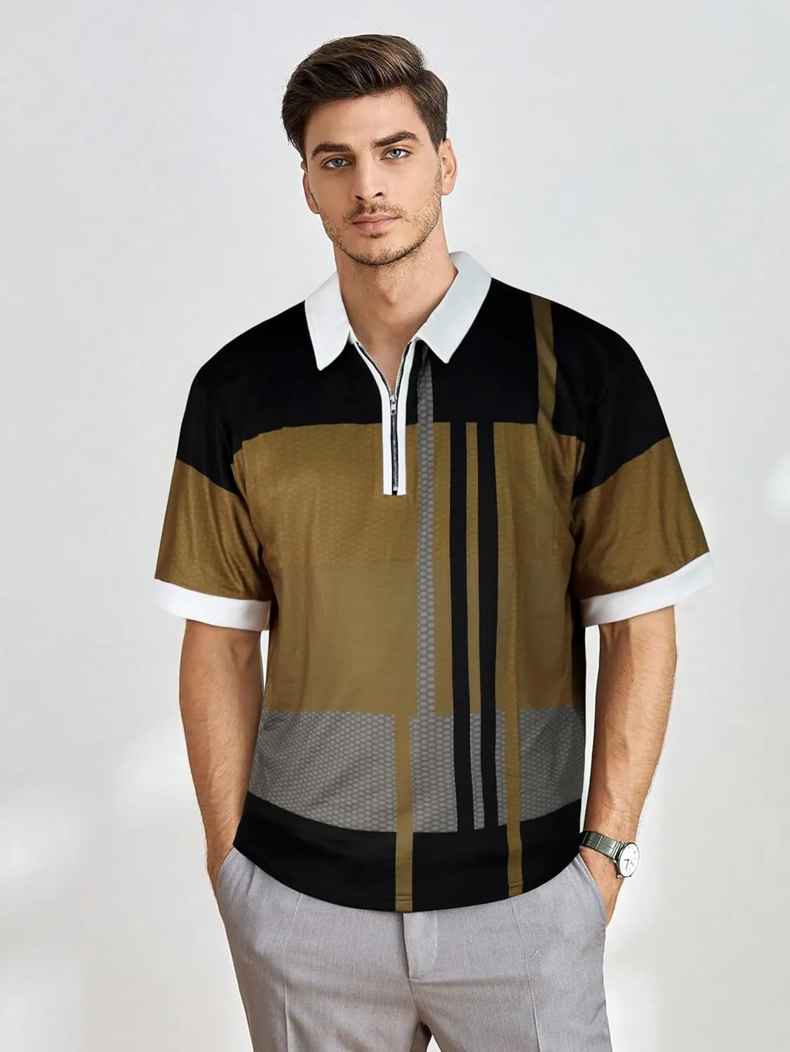 Mens Polo Shirts Short Sleeve Zipper T Shirt Casual Slim Fit Golf Tops