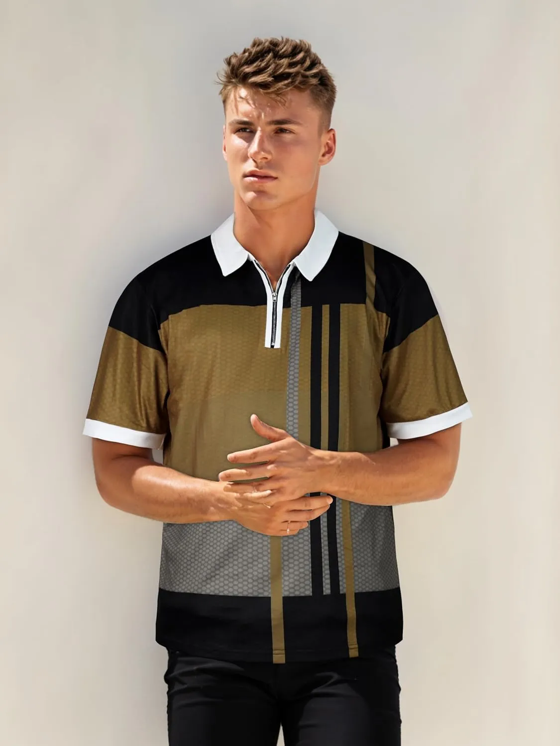 Mens Polo Shirts Short Sleeve Zipper T Shirt Casual Slim Fit Golf Tops